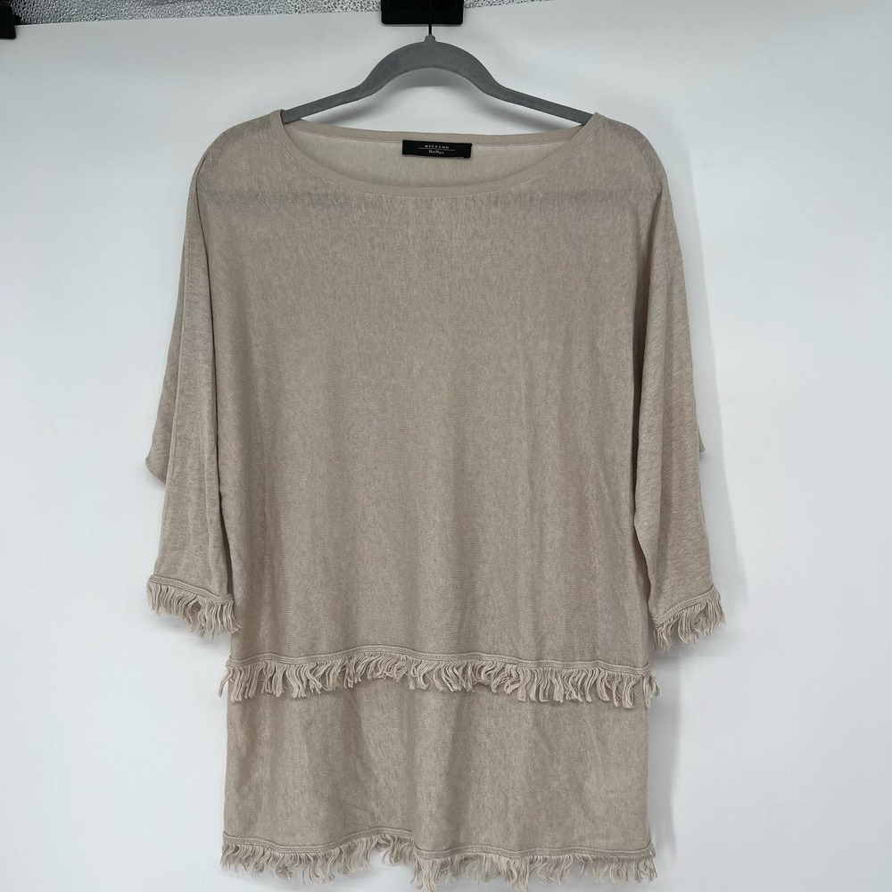 Weekend Max Mara Fringe Top Women's Size S Light Beige Dolman Sleeve Knit Silk